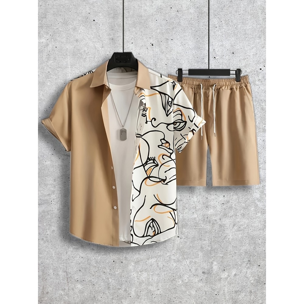 Abstract Painting Print, Men's 2Pcs Outfits, Casual Camp Collar Lapel Button Up Short Sleeve Shirts Hawaiian Shirt And Drawstring Shorts Set For Summer, Men's Clothing Abstract Painting Print, Men's 2Pcs Outfits, Casual Camp Collar Lapel Button Up Short Sleeve Shirts Hawaiian Shirt And Drawstring Shorts Set For Summer, Men's Clothing