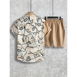 Abstract Painting Print, Men's 2Pcs Outfits, Casual Camp Collar Lapel Button Up Short Sleeve Shirts Hawaiian Shirt And Drawstring Shorts Set For Summer, Men's Clothing Abstract Painting Print, Men's 2Pcs Outfits, Casual Camp Collar Lapel Button Up Short Sleeve Shirts Hawaiian Shirt And Drawstring Shorts Set For Summer, Men's Clothing