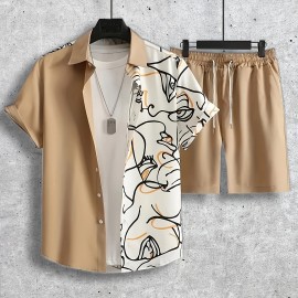 Abstract Painting Print, Men's 2Pcs Outfits, Casual Camp Collar Lapel Button Up Short Sleeve Shirts Hawaiian Shirt And Drawstring Shorts Set For Summer, Men's Clothing Abstract Painting Print, Men's 2Pcs Outfits, Casual Camp Collar Lapel Button Up Short Sleeve Shirts Hawaiian Shirt And Drawstring Shorts Set For Summer, Men's Clothing