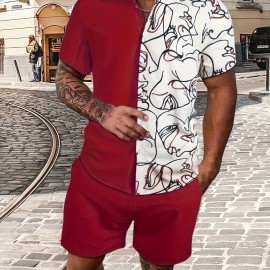 Abstract Painting Print, Men's 2Pcs Outfits, Casual Camp Collar Lapel Button Up Short Sleeve Shirts Hawaiian Shirt And Drawstring Shorts Set For Summer, Men's Clothing Abstract Painting Print, Men's 2Pcs Outfits, Casual Camp Collar Lapel Button Up Short Sleeve Shirts Hawaiian Shirt And Drawstring Shorts Set For Summer, Men's Clothing