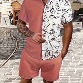Abstract Painting Print, Men's 2Pcs Outfits, Casual Camp Collar Lapel Button Up Short Sleeve Shirts Hawaiian Shirt And Drawstring Shorts Set For Summer, Men's Clothing Abstract Painting Print, Men's 2Pcs Outfits, Casual Camp Collar Lapel Button Up Short Sleeve Shirts Hawaiian Shirt And Drawstring Shorts Set For Summer, Men's Clothing