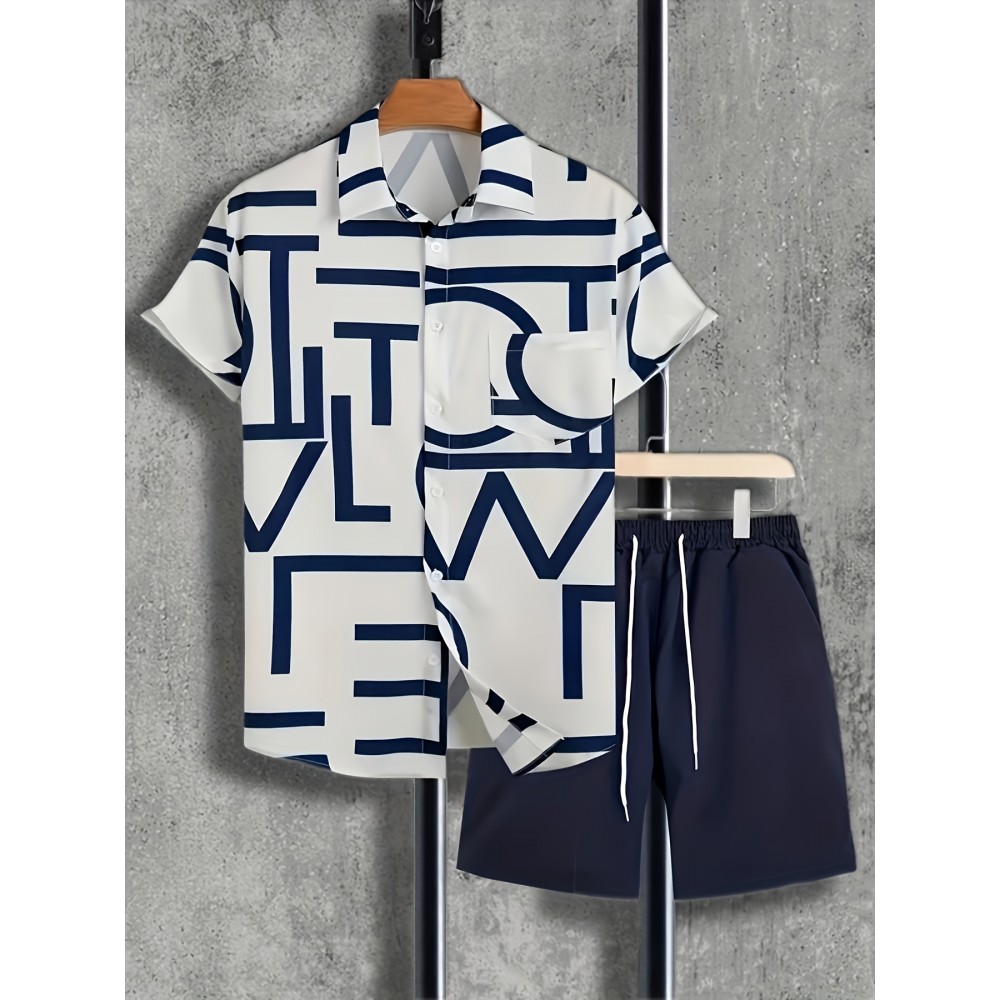 Casual Two-Piece Set, Men's Short Sleeve Shirt & Drawstring Shorts Matching Set For Summer Casual Two-Piece Set, Men's Short Sleeve Shirt & Drawstring Shorts Matching Set For Summer