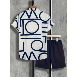 Casual Two-Piece Set, Men's Short Sleeve Shirt & Drawstring Shorts Matching Set For Summer Casual Two-Piece Set, Men's Short Sleeve Shirt & Drawstring Shorts Matching Set For Summer