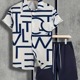 Casual Two-Piece Set, Men's Short Sleeve Shirt & Drawstring Shorts Matching Set For Summer Casual Two-Piece Set, Men's Short Sleeve Shirt & Drawstring Shorts Matching Set For Summer