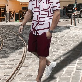 Casual Two-Piece Set, Men's Short Sleeve Shirt & Drawstring Shorts Matching Set For Summer Casual Two-Piece Set, Men's Short Sleeve Shirt & Drawstring Shorts Matching Set For Summer