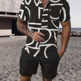 Casual Two-Piece Set, Men's Short Sleeve Shirt & Drawstring Shorts Matching Set For Summer Casual Two-Piece Set, Men's Short Sleeve Shirt & Drawstring Shorts Matching Set For Summer