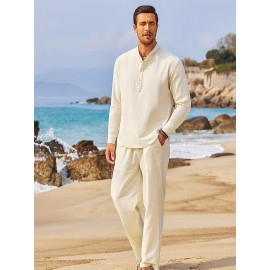 Men's Linen Blend Retro Henley Shirt Long Sleeve T-shirt Tee, Casual Comfy Shirts For Men Spring Summer Autumn, Men's Clothing Tops For Beach Yoga Men's Linen Blend Retro Henley Shirt Long Sleeve T-shirt Tee, Casual Comfy Shirts For Men Spring Summer Autumn, Men's Clothing Tops For Beach Yoga