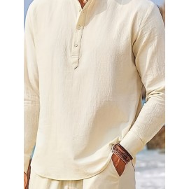 Men's Linen Blend Retro Henley Shirt Long Sleeve T-shirt Tee, Casual Comfy Shirts For Men Spring Summer Autumn, Men's Clothing Tops For Beach Yoga Men's Linen Blend Retro Henley Shirt Long Sleeve T-shirt Tee, Casual Comfy Shirts For Men Spring Summer Autumn, Men's Clothing Tops For Beach Yoga