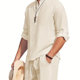 Men's Linen Blend Retro Henley Shirt Long Sleeve T-shirt Tee, Casual Comfy Shirts For Men Spring Summer Autumn, Men's Clothing Tops For Beach Yoga Men's Linen Blend Retro Henley Shirt Long Sleeve T-shirt Tee, Casual Comfy Shirts For Men Spring Summer Autumn, Men's Clothing Tops For Beach Yoga