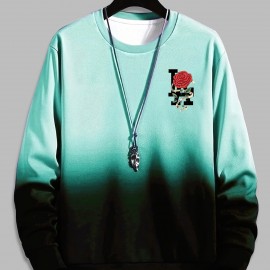 Ombre Trendy Sweatshirt, Men's Casual Retro Rose Graphic Design Slightly Stretch Crew Neck Pullover Sweatshirt For Autumn Winter Ombre Trendy Sweatshirt, Men's Casual Retro Rose Graphic Design Slightly Stretch Crew Neck Pullover Sweatshirt For Autumn Winter