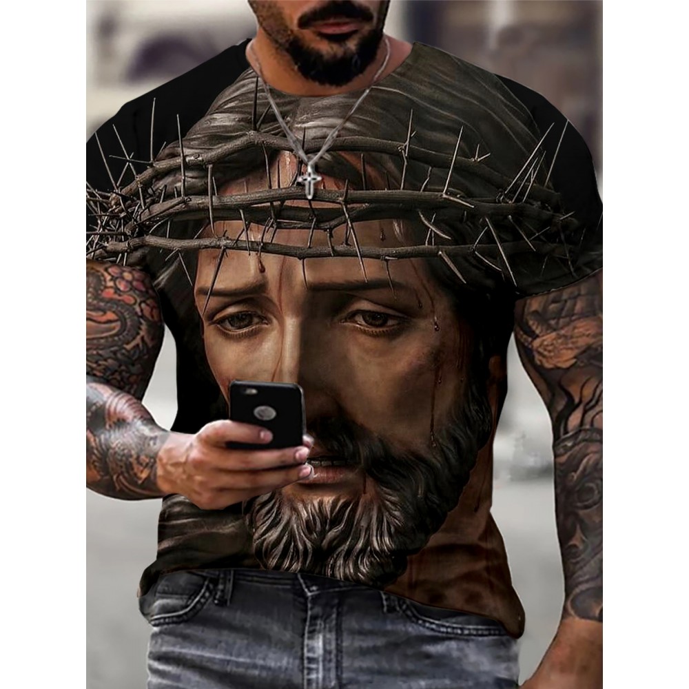 Jesus Print, Men's Graphic Design Crew Neck Active T-shirt, Casual Comfy Tees Tshirts For Summer, Men's Clothing Tops For Daily Gym Workout Running Jesus Print, Men's Graphic Design Crew Neck Active T-shirt, Casual Comfy Tees Tshirts For Summer, Men's Clothing Tops For Daily Gym Workout Running