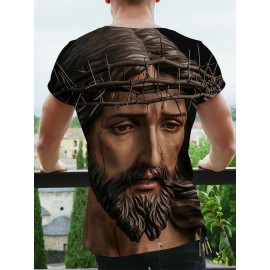 Jesus Print, Men's Graphic Design Crew Neck Active T-shirt, Casual Comfy Tees Tshirts For Summer, Men's Clothing Tops For Daily Gym Workout Running Jesus Print, Men's Graphic Design Crew Neck Active T-shirt, Casual Comfy Tees Tshirts For Summer, Men's Clothing Tops For Daily Gym Workout Running