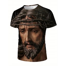 Jesus Print, Men's Graphic Design Crew Neck Active T-shirt, Casual Comfy Tees Tshirts For Summer, Men's Clothing Tops For Daily Gym Workout Running Jesus Print, Men's Graphic Design Crew Neck Active T-shirt, Casual Comfy Tees Tshirts For Summer, Men's Clothing Tops For Daily Gym Workout Running