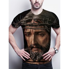 Jesus Print, Men's Graphic Design Crew Neck Active T-shirt, Casual Comfy Tees Tshirts For Summer, Men's Clothing Tops For Daily Gym Workout Running Jesus Print, Men's Graphic Design Crew Neck Active T-shirt, Casual Comfy Tees Tshirts For Summer, Men's Clothing Tops For Daily Gym Workout Running