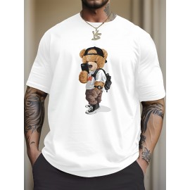 Cartoon Teddy Bear Print, Men's Graphic Design Crew Neck T-shirt, Casual Comfy Tees Tshirts For Summer, Men's Clothing Tops For Daily Vacation Resorts