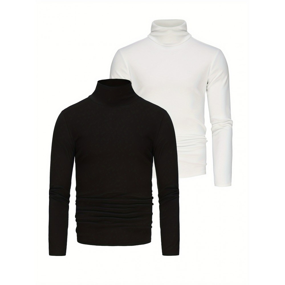 2pcs Men's Stylish Solid Compression Shirt, Active Breathable Turtle Neck Top For Hiking Jogging Cycling Outdoor Fitness Workout 2pcs Men's Stylish Solid Compression Shirt, Active Breathable Turtle Neck Top For Hiking Jogging Cycling Outdoor Fitness Workout
