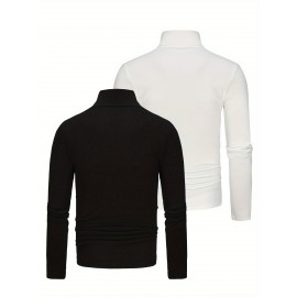 2pcs Men's Stylish Solid Compression Shirt, Active Breathable Turtle Neck Top For Hiking Jogging Cycling Outdoor Fitness Workout 2pcs Men's Stylish Solid Compression Shirt, Active Breathable Turtle Neck Top For Hiking Jogging Cycling Outdoor Fitness Workout