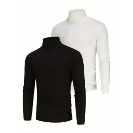 2pcs Men's Stylish Solid Compression Shirt, Active Breathable Turtle Neck Top For Hiking Jogging Cycling Outdoor Fitness Workout 2pcs Men's Stylish Solid Compression Shirt, Active Breathable Turtle Neck Top For Hiking Jogging Cycling Outdoor Fitness Workout