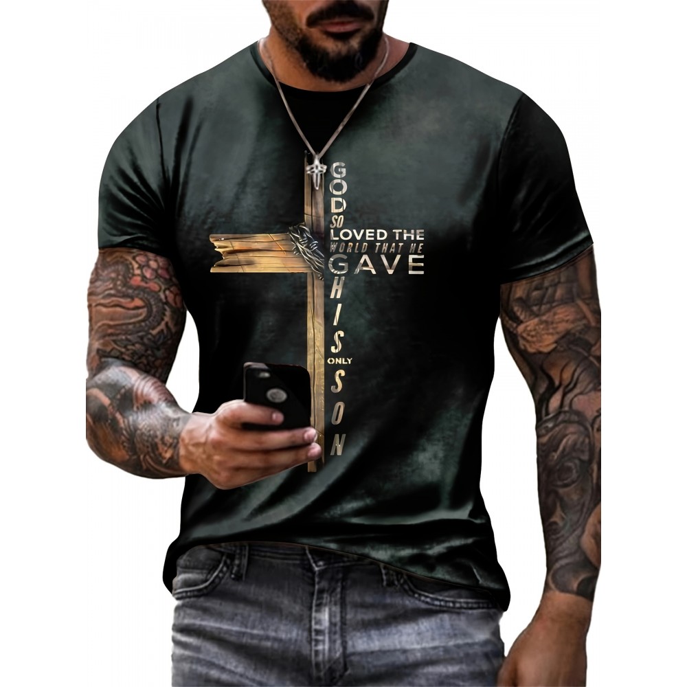 Christian Cross Print, Men's Graphic Design Crew Neck Active T-shirt, Casual Comfy Tees Tshirts For Summer, Men's Clothing Tops For Daily Gym Workout Running, Men's Clothing Christian Cross Print, Men's Graphic Design Crew Neck Active T-shirt, Casual Comfy Tees Tshirts For Summer, Men's Clothing Tops For Daily Gym Workout Running, Men's Clothing