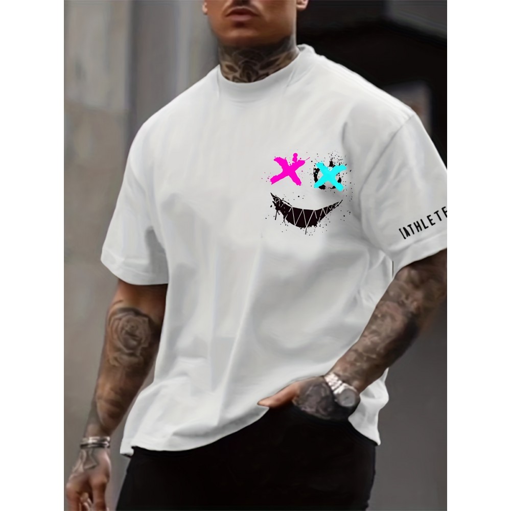 Smile Face Print, Men's Graphic Design Crew Neck T-shirt, Casual Comfy Tees Tshirts For Summer, Men's Clothing Tops For Daily Vacation Resorts Smile Face Print, Men's Graphic Design Crew Neck T-shirt, Casual Comfy Tees Tshirts For Summer, Men's Clothing Tops For Daily Vacation Resorts