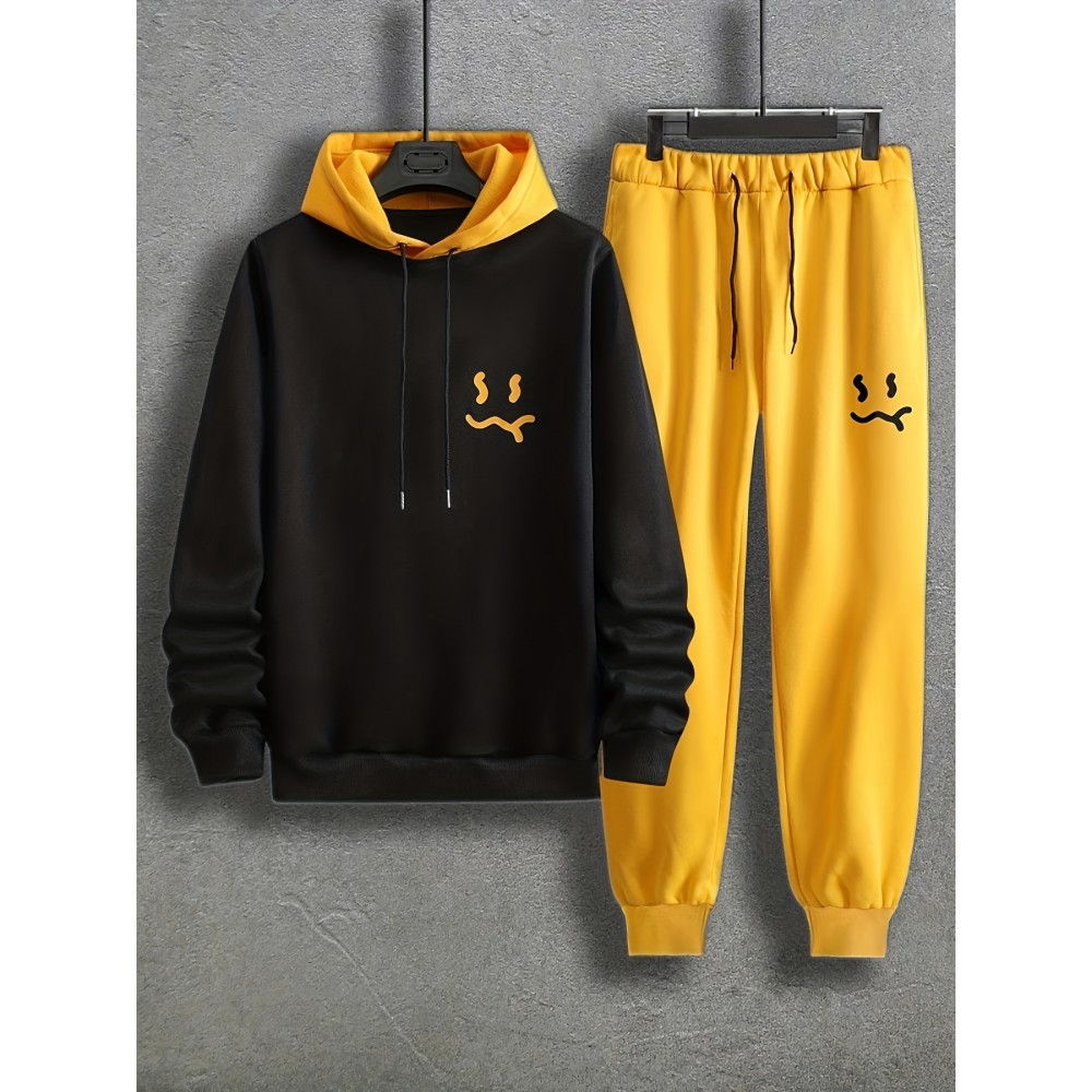 Smile Face Pattern Color Block Print, Men's 2Pcs Outfits, Casual Hoodies Long Sleeve Pullover Hooded Sweatshirt And Sweatpants Joggers Set For Spring Fall, Men's Clothing Smile Face Pattern Color Block Print, Men's 2Pcs Outfits, Casual Hoodies Long Sleeve Pullover Hooded Sweatshirt And Sweatpants Joggers Set For Spring Fall, Men's Clothing