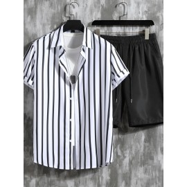 Vertical Striped Men's 2Pcs Outfits, Casual Camp Collar Lapel Button Up Short Sleeve Shirts And Drawstring Shorts Set For Summer, Men's Clothing Vacation Loungewear