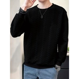 Men's Jacquard Round Neck Sweatshirt, Loose Trendy Pullover, Men's Clothing For Autumn Winter