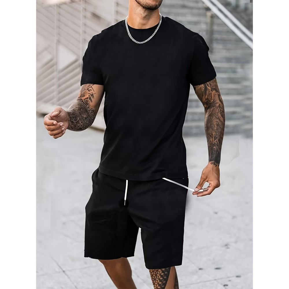 Classic Design Black Solid Top Casual Mid Stretch Short Sleeve Crew Neck Graphic T-shirt, Men's Tee For Summer Outdoor Classic Design Black Solid Top Casual Mid Stretch Short Sleeve Crew Neck Graphic T-shirt, Men's Tee For Summer Outdoor