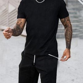 Classic Design Black Solid Top Casual Mid Stretch Short Sleeve Crew Neck Graphic T-shirt, Men's Tee For Summer Outdoor Classic Design Black Solid Top Casual Mid Stretch Short Sleeve Crew Neck Graphic T-shirt, Men's Tee For Summer Outdoor