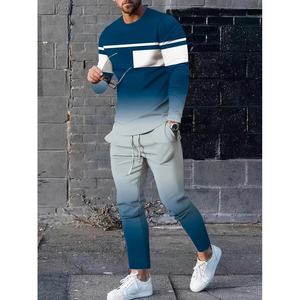 Men's Gradient 2Pcs Outfits, Casual Long Sleeve Pullover Hooded Sweatshirt And Sweatpants Joggers Set For Spring Fall, Men's Clothing Men's Gradient 2Pcs Outfits, Casual Long Sleeve Pullover Hooded Sweatshirt And Sweatpants Joggers Set For Spring Fall, Men's Clothing