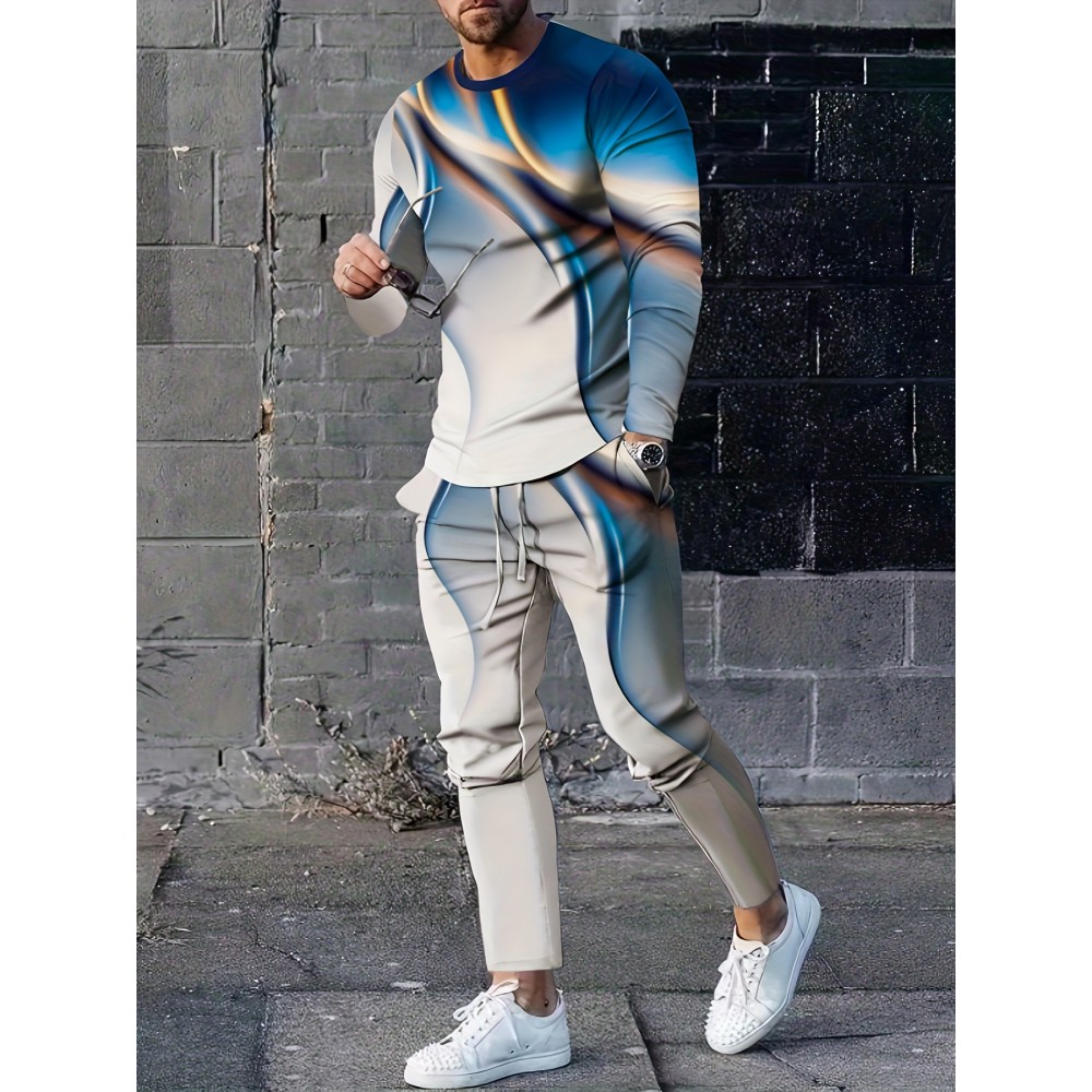 3D Pattern Print, Men's 2Pcs Outfits, Casual Crew Neck Long Sleeve Shirts T-shirt And Drawstring Sweatpants Joggers Set For Summer, Men's Clothing 3D Pattern Print, Men's 2Pcs Outfits, Casual Crew Neck Long Sleeve Shirts T-shirt And Drawstring Sweatpants Joggers Set For Summer, Men's Clothing
