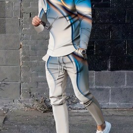 3D Pattern Print, Men's 2Pcs Outfits, Casual Crew Neck Long Sleeve Shirts T-shirt And Drawstring Sweatpants Joggers Set For Summer, Men's Clothing 3D Pattern Print, Men's 2Pcs Outfits, Casual Crew Neck Long Sleeve Shirts T-shirt And Drawstring Sweatpants Joggers Set For Summer, Men's Clothing