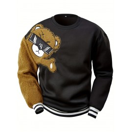 Men's Cartoon Bear Embroidery Crew Neck Sweatshirt, Loose Fit Sports Tops