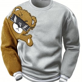 Men's Cartoon Bear Embroidery Crew Neck Sweatshirt, Loose Fit Sports Tops Men's Cartoon Bear Embroidery Crew Neck Sweatshirt, Loose Fit Sports Tops