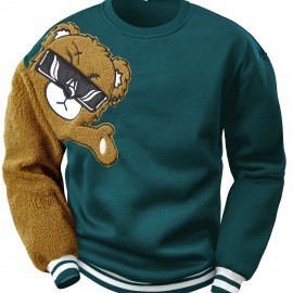 Men's Cartoon Bear Embroidery Crew Neck Sweatshirt, Loose Fit Sports Tops Men's Cartoon Bear Embroidery Crew Neck Sweatshirt, Loose Fit Sports Tops