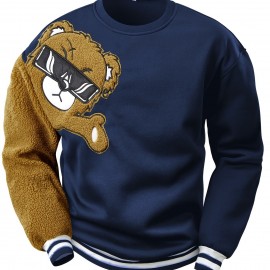 Men's Cartoon Bear Embroidery Crew Neck Sweatshirt, Loose Fit Sports Tops Men's Cartoon Bear Embroidery Crew Neck Sweatshirt, Loose Fit Sports Tops
