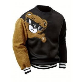 Men's Cartoon Bear Embroidery Crew Neck Sweatshirt, Loose Fit Sports Tops Men's Cartoon Bear Embroidery Crew Neck Sweatshirt, Loose Fit Sports Tops