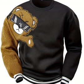 Men's Cartoon Bear Embroidery Crew Neck Sweatshirt, Loose Fit Sports Tops Men's Cartoon Bear Embroidery Crew Neck Sweatshirt, Loose Fit Sports Tops