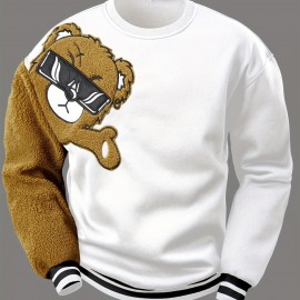 Men's Cartoon Bear Embroidery Crew Neck Sweatshirt, Loose Fit Sports Tops Men's Cartoon Bear Embroidery Crew Neck Sweatshirt, Loose Fit Sports Tops