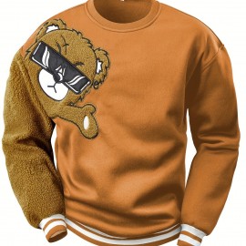 Men's Cartoon Bear Embroidery Crew Neck Sweatshirt, Loose Fit Sports Tops Men's Cartoon Bear Embroidery Crew Neck Sweatshirt, Loose Fit Sports Tops