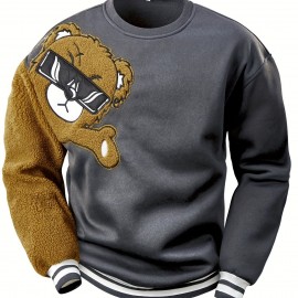 Men's Cartoon Bear Embroidery Crew Neck Sweatshirt, Loose Fit Sports Tops Men's Cartoon Bear Embroidery Crew Neck Sweatshirt, Loose Fit Sports Tops