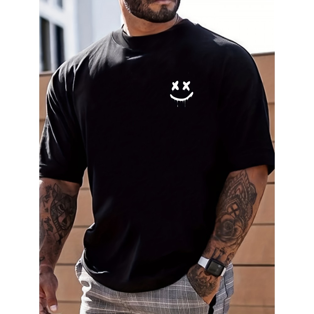 Smile Print, Men's Graphic Design Crew Neck T-shirt, Casual Comfy Tees Tshirts For Summer, Men's Clothing Tops For Daily Vacation Resorts Smile Print, Men's Graphic Design Crew Neck T-shirt, Casual Comfy Tees Tshirts For Summer, Men's Clothing Tops For Daily Vacation Resorts