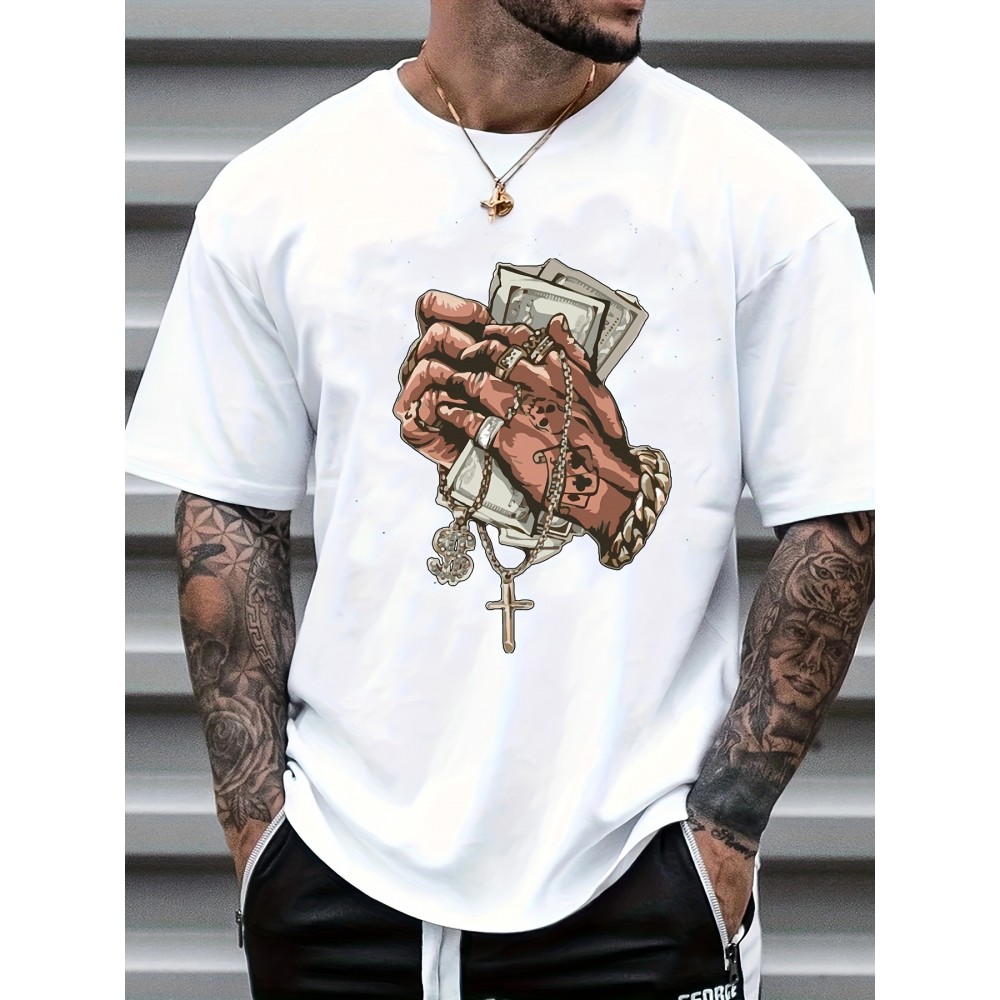 Hands Money Print, Men's T-shirt, Round Neck Short Sleeve Tops, Patterned T-shirt, Men's Summer Wear, Men's Clothing Hands Money Print, Men's T-shirt, Round Neck Short Sleeve Tops, Patterned T-shirt, Men's Summer Wear, Men's Clothing