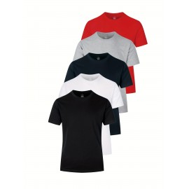 5pcs Multi Color Men's Solid Comfy Cotton Casual T-Shirts Set, Basic Crew Neck Tees For Summer Sports