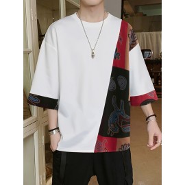 Men Loose T-Shirt Patchwork Round Neck Tee Streetwear Vintage Tops