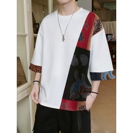 Men Loose T-Shirt Patchwork Round Neck Tee Streetwear Vintage Tops Men Loose T-Shirt Patchwork Round Neck Tee Streetwear Vintage Tops