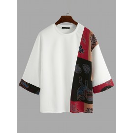 Men Loose T-Shirt Patchwork Round Neck Tee Streetwear Vintage Tops Men Loose T-Shirt Patchwork Round Neck Tee Streetwear Vintage Tops