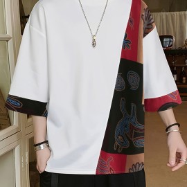 Men Loose T-Shirt Patchwork Round Neck Tee Streetwear Vintage Tops Men Loose T-Shirt Patchwork Round Neck Tee Streetwear Vintage Tops