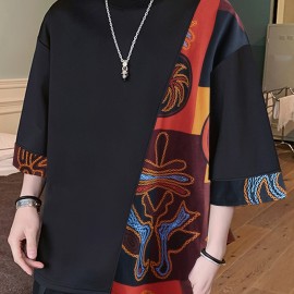 Men Loose T-Shirt Patchwork Round Neck Tee Streetwear Vintage Tops Men Loose T-Shirt Patchwork Round Neck Tee Streetwear Vintage Tops