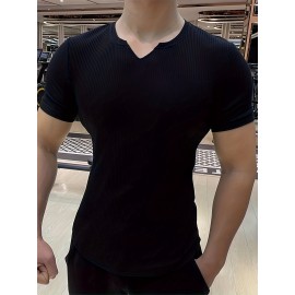 Men's Stylish Solid Shirt, Casual Breathable V Neck Short Sleeve Tee Top For City Walk Street Hanging Outdoor Activities